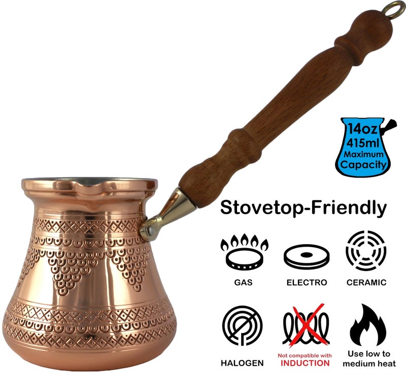 DEDE Copper - PCZ Series (Large-14fl.oz) - Thickest Solid Copper Engraved/Hammered Turkish Greek Arabic Coffee Pot with Wooden Handle, Stovetop Coffee Maker Cezve, Jezve, Jazva, Ibrik, Briki (Shiny) - Image 2